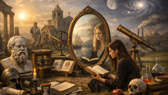A quiet study where centuries of human thought converge—myth, reason, faith, science, and doubt—each object a trace of philosophy’s long search to understand reality, nature, and the human condition