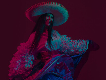 Celebrate Cinco de Mayo with a dazzling female dancer performing under vivid neon purple lights, capturing the essence of vibrant festivity and cultural joy