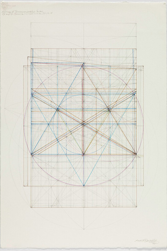 Mark Reynolds, Marriage of Incommensurables Series, Root Three and Phi, Incircle and Circumcircle, III, 1.4.15, 2015, Graphite and colored inks on cotton paper, 18.5 in. x 13.875 inches