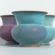 Group of Glazed Stoneware Flowerpots, zhadou (cats. 16, 15 and 11), Ming dynasty, 15th century, Jun kilns, Henan province, Diameter of rims: 20 cm; height of each: 19 cm, 18.5 cm and 17.4 cm