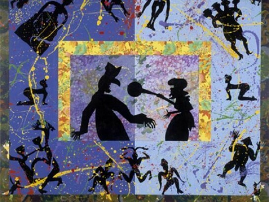Miriam Schapiro, "Punch, Judy and Our Demons #2," 1990, Acrylic, Fabric and Digital Images on Canvas, 50 x 60 inches