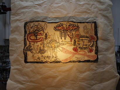 Simone Pellegrini, Grave radiante, tecnica mista su carta da spolvero, 96x175 cm, 2018