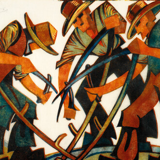 Mowers by Sybil Andrews. Image Courtesy of Osborne Samuel gallery