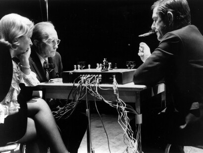 John Cage and Marcel and Teeny Duchamp, Reunion (Shigeko Kubota,1968)