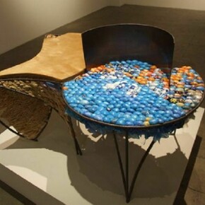 Ifeoma Anyaeji, Oche Blue (Blue Chair), 2011, metal, discarded plastic bags and plastic electric wire rim, and wood, 42x36x27 inches