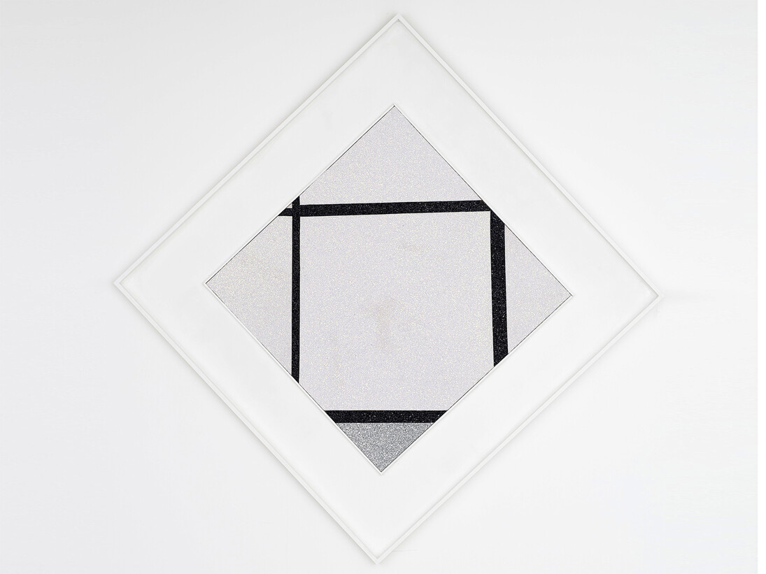 Corinne Felgate, Tableau I Lozenge with Four Lines and Grey, 2014, fabric & glitter on board, Image: 113.7 x 111.8cm, Framed: 170 x 168.5cm
