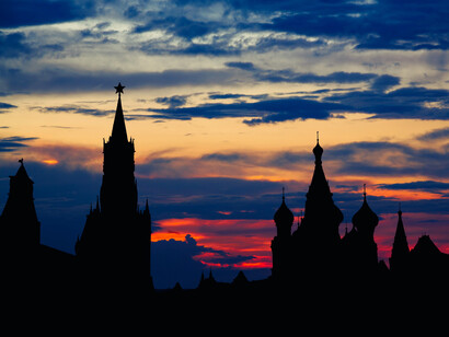 The domes and towers of Moscow at dusk, symbolizing Russia's identity as a major European power