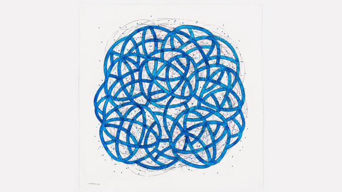 Morgan, Blue Train, 2018. Ink, graphite and colored pencil on paper, 12 x 12 in. Courtesy of the artist and Engage Projects