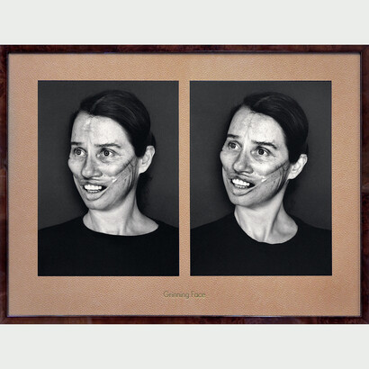 Aneta Grzeszykowska, Face Book: Grinning Face, 2020, black and white silver gelatin hand print, 50x66 cm. Courtesy the artist and Lyles & King, NYC