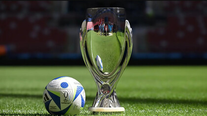 European Super Cup Final 2024 — the trophy placed on the pitch beside the match ball