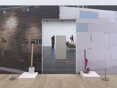 Installation view of Rachel Harrison Life Hack (Whitney Museum of American Art, New York, October 25, 2019–January 12, 2020). Front, from left to right: Right Bank, 1993; Hallway Stanchion Set, 2019; Wall, 1994. Back, from left to right: Warren Beatty, 2007; Cindy, 2004; Alexander the Great, 2007. Photograph by Ron Amstutz
