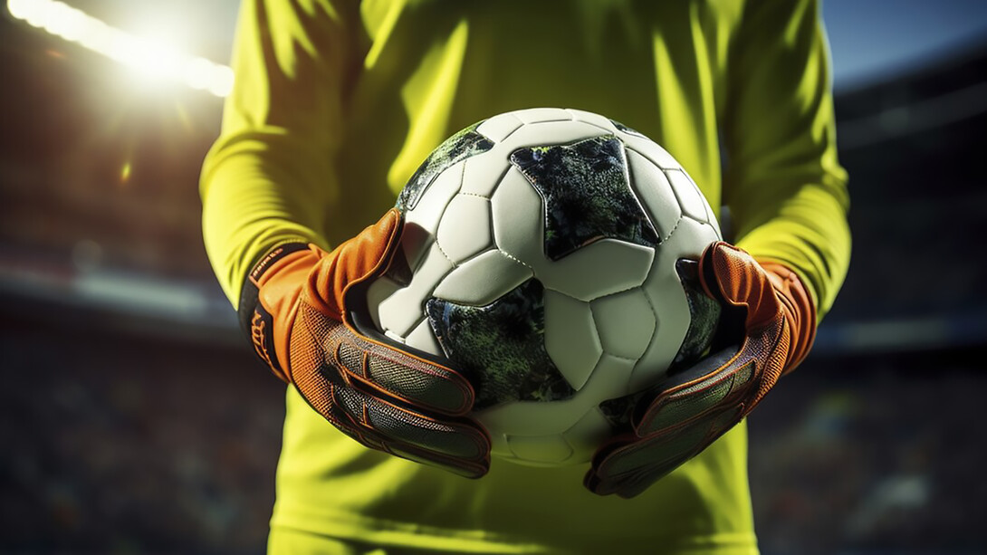 A goalkeeper confidently catches a soccer ball during a match, showcasing agility and skill in a crucial moment of the game