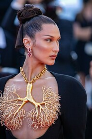 Bella Hadid wearing a Schiaparelli necklace at the 2021 Cannes Film Festival, France