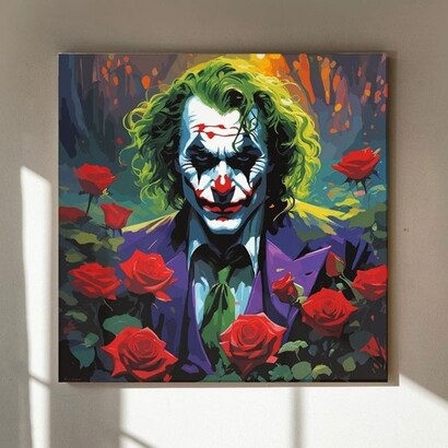 "The Joker's Embrace" L'integrazione della narrazione di Joker esplora i temi della sfida e dell'introspezione, riecheggiando il mio stesso percorso emotivo. Grazie a una pennellata dinamica e a una tavolozza accurata, ho trasmesso la sua intrinseca contraddizione: carismatico e tormentato allo stesso tempo. Le rose, posizionate meticolosamente, simboleggiano la bellezza in mezzo al caos, riflettendo la mia esplorazione introspettiva dell'identità e dell'espressione. Foto e opera di Greg Caulley