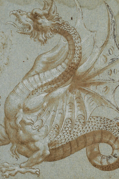 Cercle de Giulio Romano, Étude d’un dragon, après 1530, plume et encre brune avec lavis brun et rehauts de blanc sur papier vergé bleu. 12,3 × 12,3 cm. Musée des beaux-arts du Canada, Ottawa Acheté en 1972. Photo : MBAC