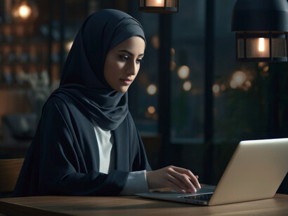“El  texto original del Corán ha sido escrito por la mano del Señor, en el cielo, sobre la Tabla Intangible” (Azora LXXXI, 2, 22). Mujer joven estudiando El Corán