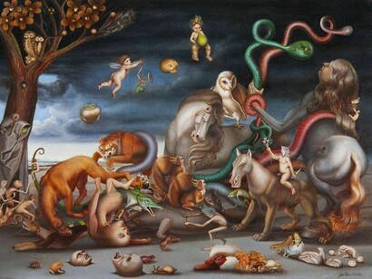 Massacre, oil on wood, 12” x 15.75” unframed, 13.5” x 17.25” framed