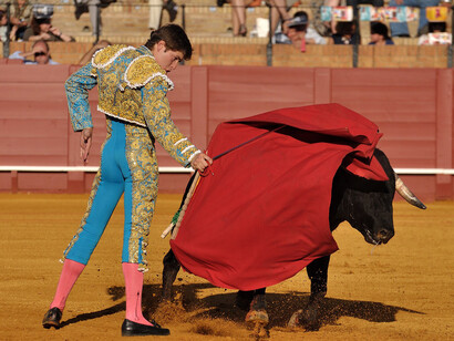 Juan Leal during a bullfight in Seville, Spain (May 2013), captured performing a pase de pecho