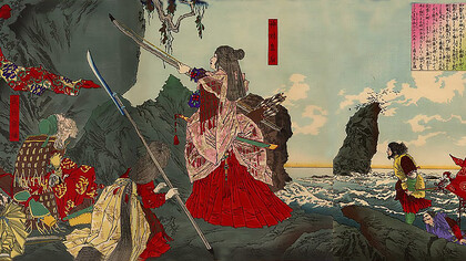 "Great Japan (Dai-Nihon) History Briefing Session, the 15th Empress Jingu." Expedition in Korea. The legendary Empress Jingu setting foot in Korea. Painting by Tsukioka Yoshitoshi in 1880. Takenouchi no Sukune (left side), Empress Jingu (middle), Waseda University Theatre Museum, Tokyo, Japan
