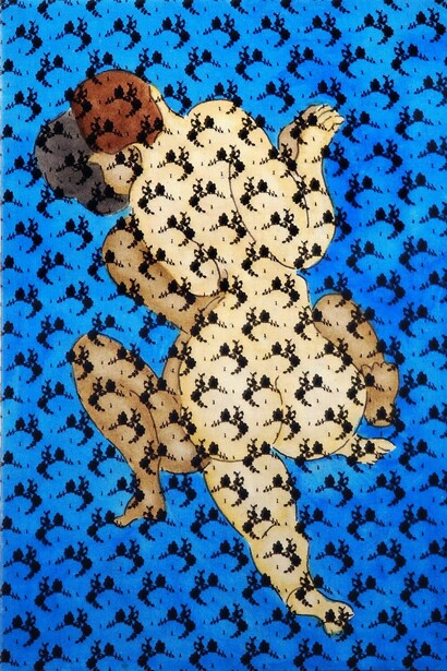 William N. Copley, Under the Stars (Hommage à Picabia), 1994, acrylic and lace on canvas, 39 3/4 x 31 7/8 inches, 101 x 81 cm. Courtesy of Paul Kasmin Gallery

