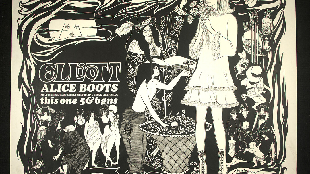 Poster advertising ladies boots manufactured by T Elliot & Sons, incorporating a pastiche of designs after Aubrey Beardsley, Artist: Unknown, Date: 1960s © Victoria and Albert Museum, London
