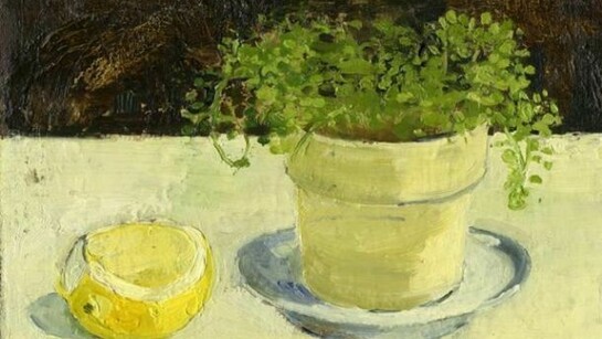 Albert York (1928 - 2009), Still Life with Plant and Lemon, Oil on canvas mounted on wood, 7 1/4 x 10 inches, Painted about 1964, Private Collection