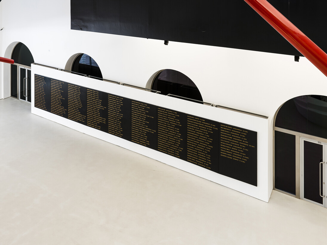 Flavio Favelli,
Gli Angeli degli Eroi,
Acrilico e smalto su pannello,
200 x 1.260 cm,
2015,
courtesy MAXXI,
foto Sebastiano Luciano
