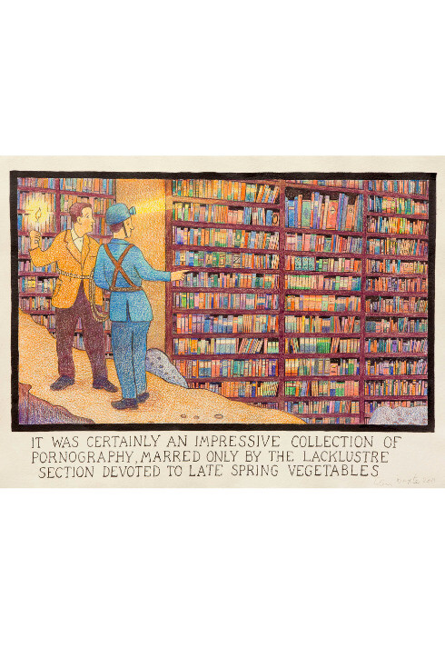 Glen Baxter, It was certainly an impressive collection of pornography, marred only by the lacklustre section devoted to late spring vegetables, 2011, Ink and crayon on paper, 60 x 80 cm / 23 5/8 x 31 1/2 in, Courtesy of Flowers Gallery, London and New York