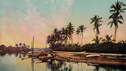 "On the Miami River," photochrom print (1900) of the Miami River, Florida, USA