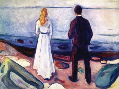 Al individuo solo le queda una disyuntiva existencial: convertirse en un competidor despiadado o en un ser moralmente inquieto, pero desarmado. Edvard Munch (1863–1944). Dos seres humanos. Los solitarios. 1905, Munchmuseet, Oslo, Noruega