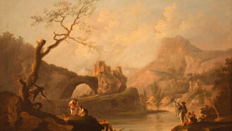 Paisaje con río, castillo y escena de pescadores por el pintor gallego Jenaro Pérez Villaamil (1807-1854)