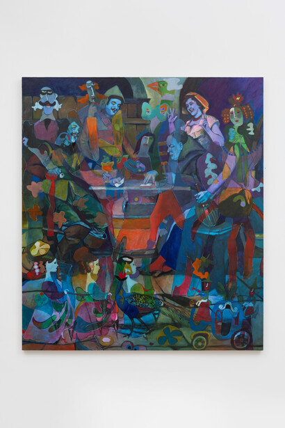 Joshua Petker,
The Card Game, 2023.
Oil and acrylic on linen,
69” x 61”. Courtesy of the artist and Anat Ebgi, Los Angeles / New York
