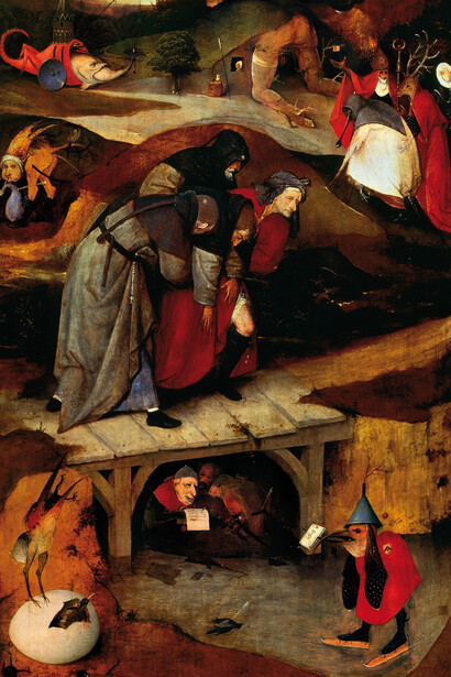 El Bosco; Tríptico de las tentaciones de san Antonio, Museo Nacional de Arte Antiguo, Lisboa, Portugal (detalle del panel izquierdo)