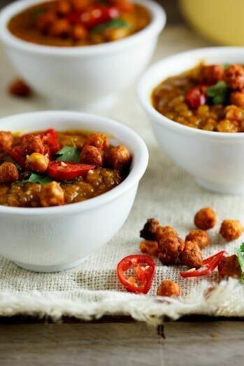 Spicy lentil and coconut soup with roasted chickpeas © Alida Ryder