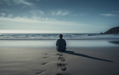 A solitary figure sitting by the vast sea, representing the quiet ache of emotional isolation