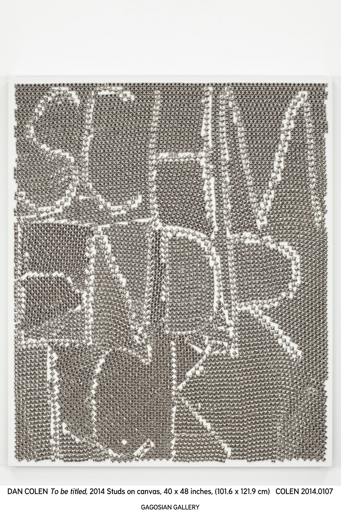 Dan Colen, Emes, 2014, Studs on canvas, 121.9 x 101.6 cm / (48 x 40 in), Image courtesy of the artist and Gagosian Gallery. Photo: Christopher Burke, © the artist