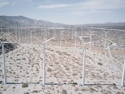 Nestled in the desert expanse, solar panels emerge as a symbol of harnessing nature's energy, complemented by the rhythmic presence of wind turbines, embodying a dedication to sustainability and the advancement of green energy initiatives