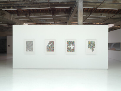 Lordy Rodriguez: The Shape of Us, L–R: Four Rivers (2022); California Inland Sea (2023); Siling Lake Tibet (2023); Chicago River (2022), installation view. Courtesy of the artist and Hosfelt Gallery