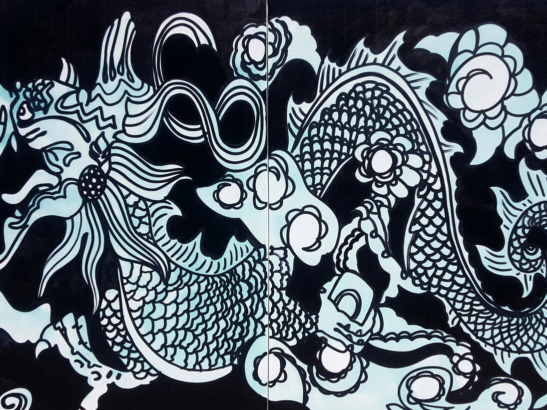 Pure Evil, Cosmic Dragon 2015, Spray and Ink on Canvas, 60” x 96”, Copyright Pure Evil
