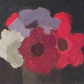 Kulicke, Red, Purple, Lavender and Light Blue Flowers in a Vase Against a Black Background (detail), 1961, oil on masonite mounted on cardboard, 9.9375x8inches