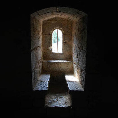 Medieval window seat at Villerouge Termenes where the last known Cathar Parfait in the Languedoc was burned alive for disagreeing with Catholic theology