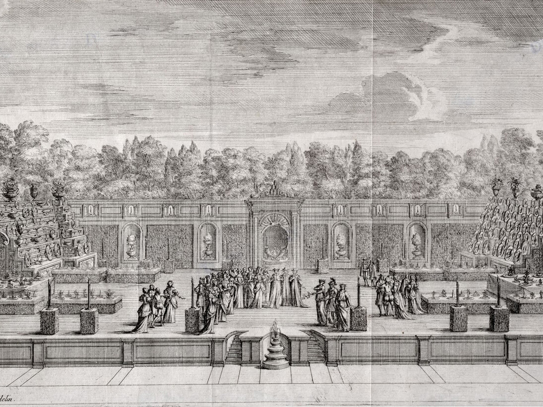 Teresa del Po, Festa della famiglia Chigi in onore di dame della famiglia Rospigliosi, 1668, dettaglio, acquaforte, 214 x 402 mm, Roma, Museo di Roma, inv GS 118