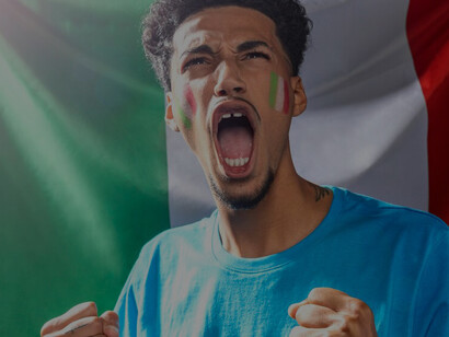 The spirit of celebration with featuring a cheering man proudly waving the Italian flag, epitomizing national pride and fervor during festive occasions