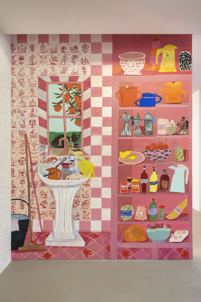 Johanna Dumet, Intérieur rose, salle de jeu, parquet point de Hongrie et cheminée, photo by Andrea Rossetti. Courtesy of Mehdi Chouakri Gallery