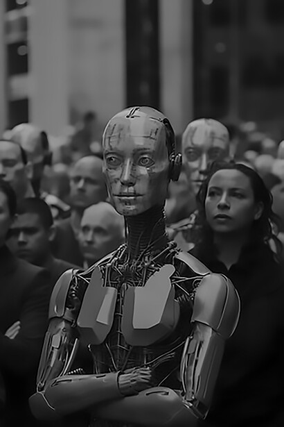 Amidst the urban landscape, a cutting-edge AI robot strikes a pose, capturing a portrait that seamlessly intertwines technology and the city's dynamic surroundings