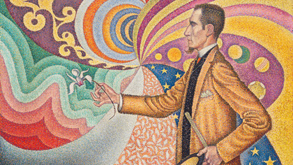 Detalle de Opus 217. Contra el esmalte de un fondo rítmico con latidos y ángulos, tonos y tintes,  
Retrato de M. Félix Fénéon en 1890, Paul Signac