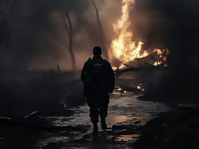 Capturing the aftermath of conflict, a desolate landscape bears witness to the destructive forces of war