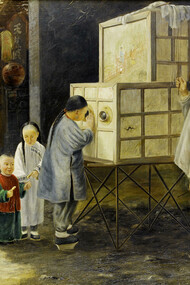 John Thomson (1837–1921), Magic Lantern Peep Show, 1877. Oil on canvas, 51 × 61 cm. Signed bottom right: J. Thomson / F.R.G.S. / 1877. Image courtesy of Bonhams, Lot 53, Sale 17849, London, New Bond Street, 15 September 2010