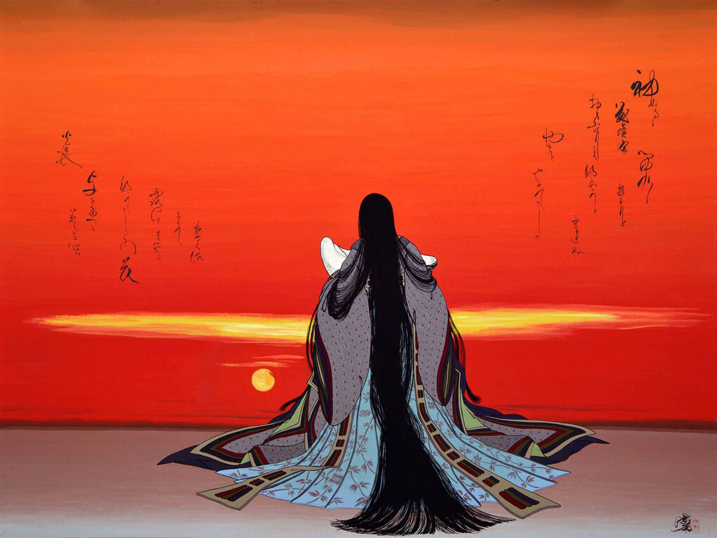 Agameishi, Evening Glow, 600 Scenes of Genji, Scene 68, Acrylic & Gouache on Paper over Wood, 35.5" x 47"