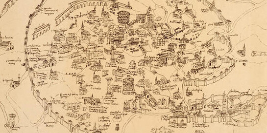 J. Spithöver (cromo-lit.), F. Fazzone (dis.) da Alessandro Strozzi (? - Venezia 1534) Pianta di Roma nel XV secolo, 1879 - cromolitografia, mm 289 x 342 - Roma, Museo di Roma, Gabinetto delle Stampe